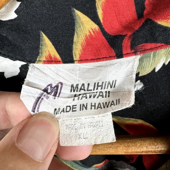 Vintage Malihini Shirt Sz XL Black Floral Hibiscus Short Sleeve Button Up Hawaii - Picture 3 of 5